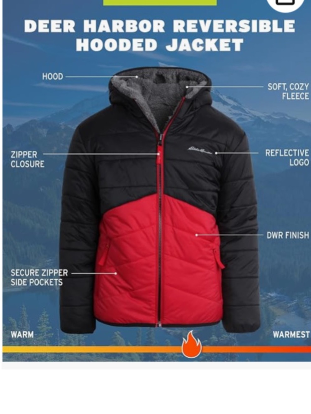 Eddie Bauer Reversible Jacket - Waterproof Lined Hooded, Black/Red, XL, NEW tags - Picture 9 of 9